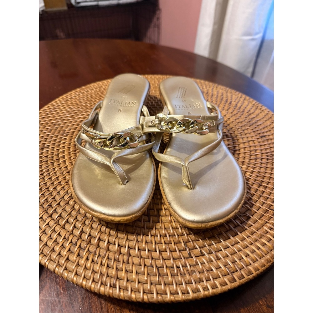 Italian Shoemakers Womens Gold Chain Link Wedge Thong Sandals Size 8